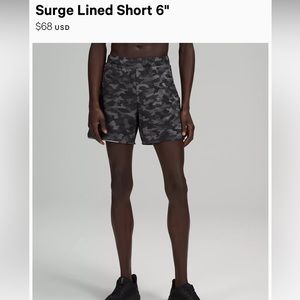 Lululemon camo surge lined short 6 inch men’s size medium